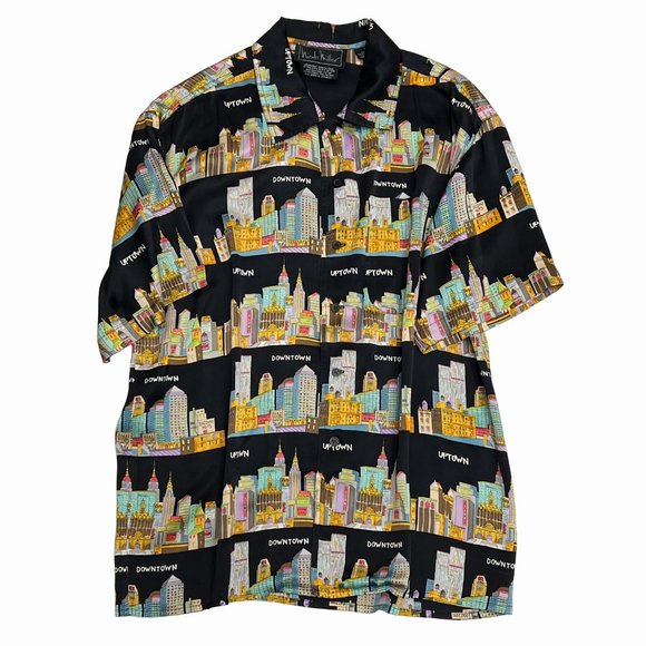 90s Vintage Nicole Miller Mens Silk Shirt NYC Cityscape Architecture Print XS - Picture 1 of 11